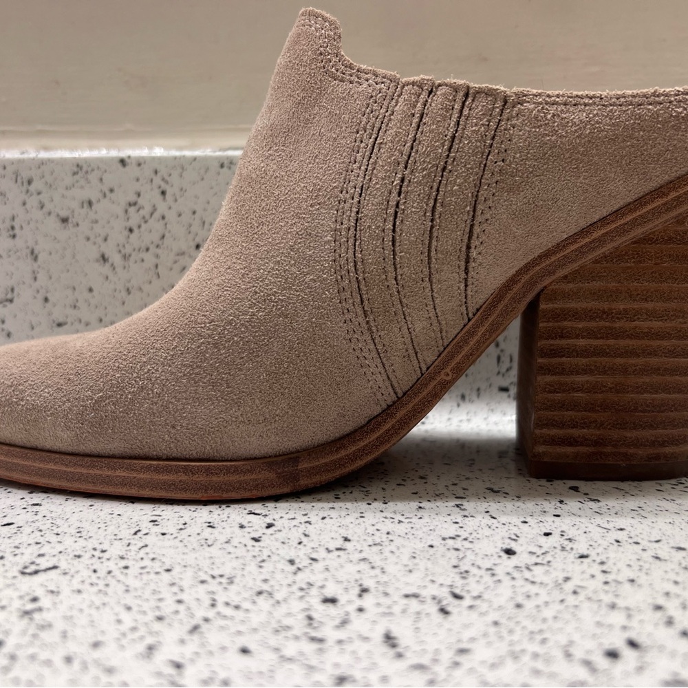 Marc Fisher Grey Suede Mules with Stacked Heel